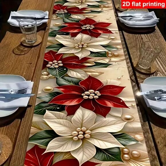 1pc 2D Flat Red Christmas Floral Table Runner -Polyester - Picture 2 of 4